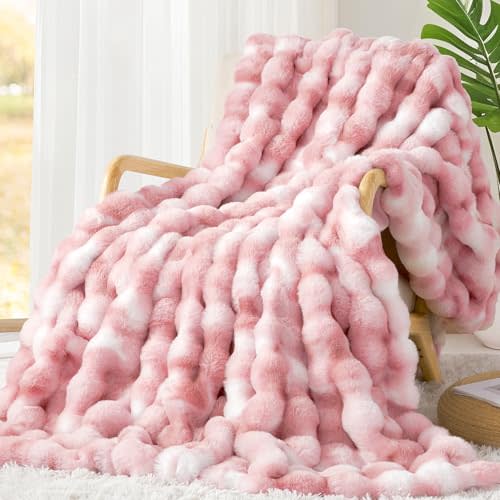 Luxury 1000GSM Faux Rabbit Fur Throw Blanket for Woman, Super Heavy Warm Cozy Blankets for Her for Couch Bed Sofa, Bubble Plush Fuzzy Elegant Soft Reversible Mink Blanket for Living Room Bedroom, Pink