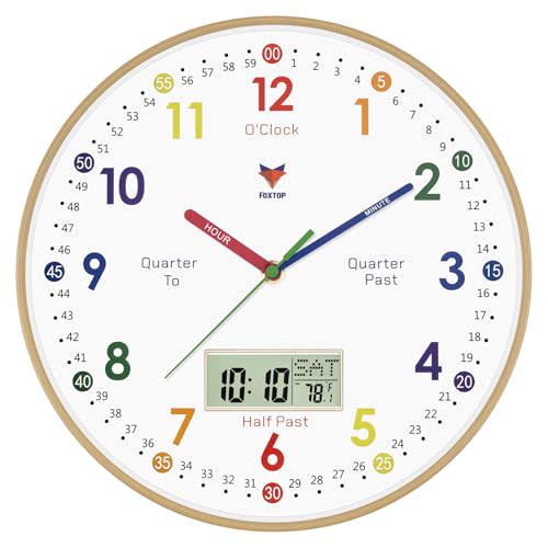 Foxtop Digital and Analog Learning Clock for Kids - Telling Time Teaching Clock 12 Inch Silent Non-Ticking Battery Operated Kids Wall Clock for Playroom Nursery Classroom School