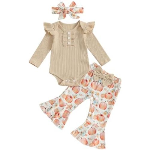 Userdefined Baby Girl Fall Clothes Ruffle Sleeve Ribbed Romper