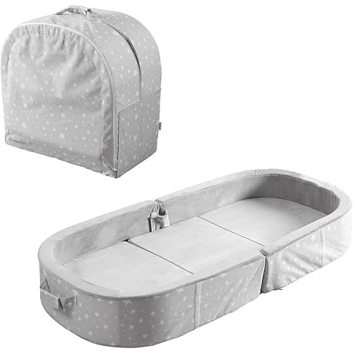 BYBYME Portable Toddler Travel Bed - Waterproof Foldable Floor Crib with Washable Fitted Sheet - Ideal Folding Toddler Cots for Sleeping and Sleepovers (Grey)