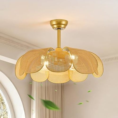 Rattan fandelier Ceiling Fan with Light Boho Ceiling Fans with Lights and Remote Gold Chandelier Fan for Bedroom, Living Room,Kitchen,Foyer(25 Inch,6 Speed, Timing Adjustable Height Flower)