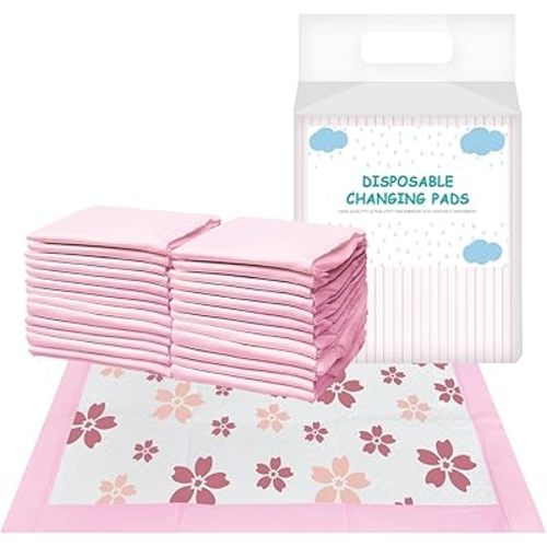 Disposable Changing Pad Liners for Baby 17 x 13 Inches (25 Pack) Absorbent Waterproof Underpads Incontinence Care Soft Non-Woven Fabric Breathable Changing Pad (Cherry Blossom)