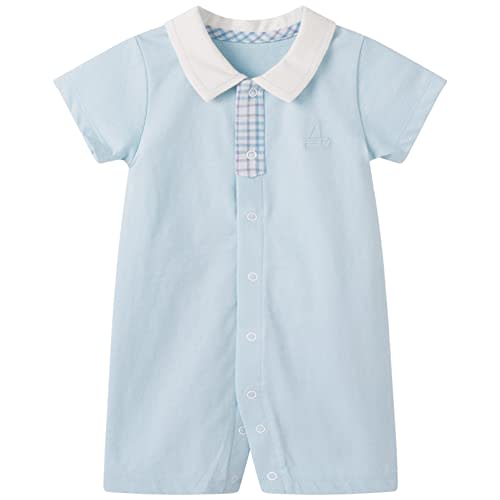 pureborn Baby Boy Romper One-Piece Cotton Outfit Summer Clothes 0-24M | Silky soft, breathable, sailor-themed, summer short sleeves, gentle on skin, snap button for easy on and off