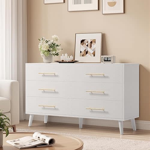 Ahomly 6 Drawer Dresser for Bedroom, 47.5" Wide Chest of Drawers with Metal Handles and Anti-Tip Kit, Large Capacity Storage Dresser for Living Room, Entryway, or Nursery, White