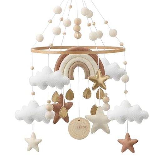 Safari Mobile for Crib - A Handmade Gender Neutral Safari Crib Mobile with Gold Stars and Clouds for a Jungle Theme Nursery
