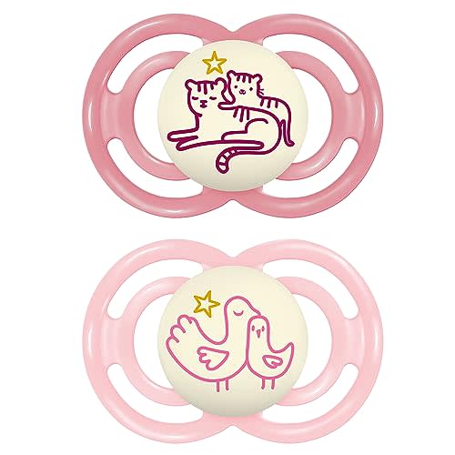 MAM Perfect Night Baby Pacifier, Patented Nipple, Glows in The Dark, 2 Pack, 6-16 Months, Girl