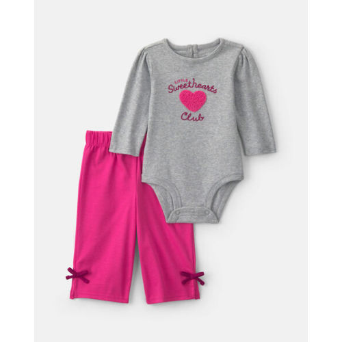 Baby Girl 2-Piece 'Little Sweethearts Club' Long-Sleeve Bodysuit & Pant Set - Pink/Grey | Carter's