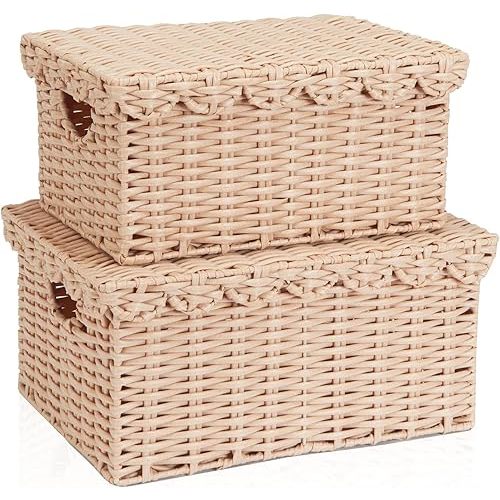 Toy Wicker Basket with Lid, Waterproof Wicker Storage Basket with Removable Tray Lid Cream, Handwoven Plactic Wicker Bakests for Nursery 2Pack, 15 x 11.22 x 7& 13 x 9.45 x 5.9