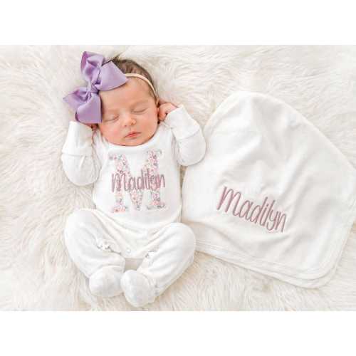 Personalized Newborn Romper Set: Lavender Floral Custom Name Outfit – Keepsake Gift
