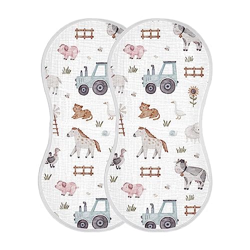 Burbuja Farm Animals Muslin Baby Burp Cloths, Soft & Absorbent Cotton Burping Rags for Newborn Boys & Girls, 2 Pack