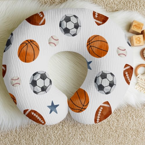 Watercolor Sports Theme 100% Cotton Muslin Nursing Breastfeeding Pillow Cover Case (Pillow Not Included)