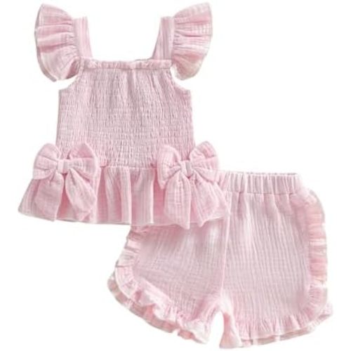 Toddler Baby Girl Outfit Summer Clothes Bow Print Bowknot Smocked Camisole Tank Top Ruffle Shorts Set