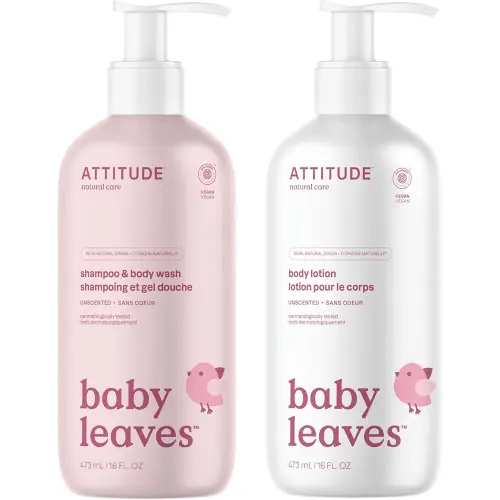 Bundle of ATTITUDE Body Lotion for Baby, EWG Verified, Dermatologically Tested, Plant and Mineral-Based, Vegan, Unscented, 16 Fl Oz + 2-in-1 Shampoo and Body Wash for Baby, Unscented, 16 Fl Oz
