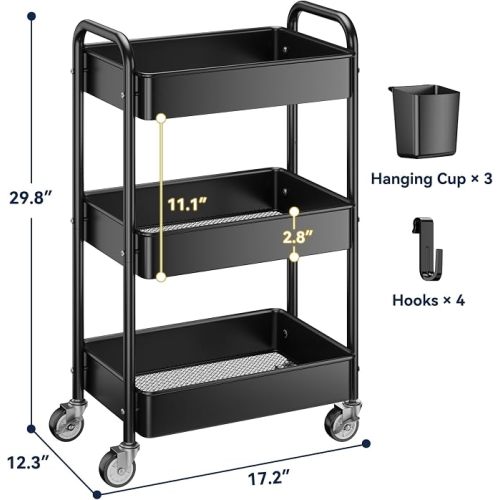 YASONIC 3 Tier Rolling Cart, Heavy Duty Metal Utility Cart with Wheel Black