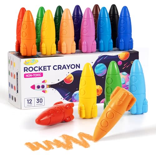 JUPITEARTH 12 Colors Crayons for Toddlers, Non-Toxic Washable Rocket Crayons, Easy-to-Hold Coloring Gifts & Mess-Free Art Supplies for Little Hands