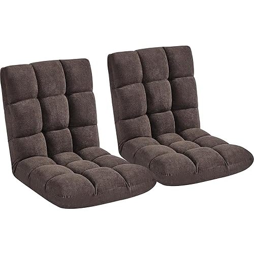 Yaheetech Floor Folding Chair with Back Support, Padded Folding Gaming Sofa Chair with 14 Adjustable Backrest, Adults Couch Recliner, Floor Seating Lounge Chair, Armless Meditation Chair, Brown, 2PCS
