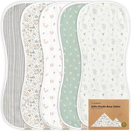 5-Pack Muslin Burp Cloths Baby Boy, Girl - Very Absorbent Baby Burp Cloth Rags, 8-Layers Viscose Derived from Bamboo Cotton Muslin Towel, Super Soft Spit Up Rags, No Shrink Washcloths (Prairie)