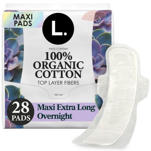 L. Organic Cotton Top Layer Maxi Extra Long Pads - Overnight Absorbency - 28ct