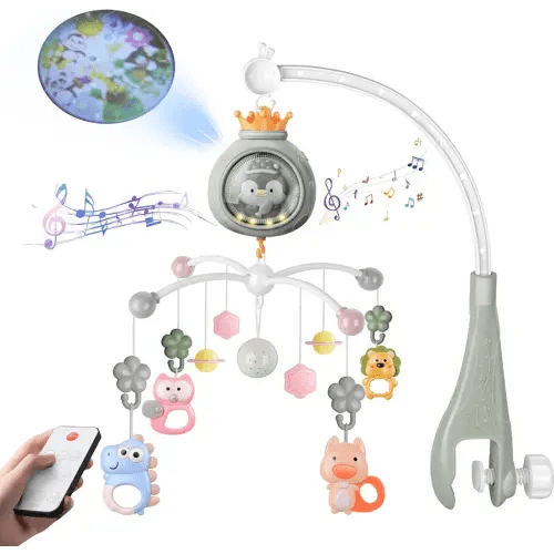 Crib Mobile with Music and Lights, Mobiles for Cribs, Baby Nursery Space Portable Infant Arm Hanger for Girls Boys Babies Bassinets Pack and Play Clip On Attachment, Toys Musical Hanging