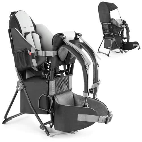 besrey Baby Backpack Carrier, Toddler Hiking Backpack with Safety 3-Height Seat, Adjustable Straps&Waist Belt, Foldable Frame Lightweight Large Capacity Child Carrier for Hiking (Black)