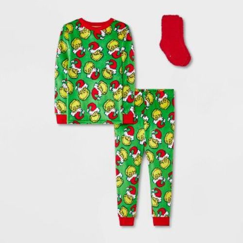 Toddler 2pc Grinch Snuggly Soft Pajama Set with Socks - Green