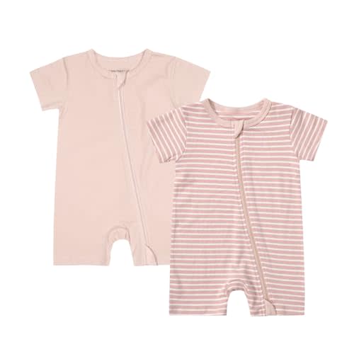 Teach Leanbh Unisex Baby 2 Pack Pajamas Cotton Short Sleeve Romper Jumpsuit | Baby Boys Baby Girls 2 Way Zipper Sleep and Play Soild Stripes Summer Clothes
