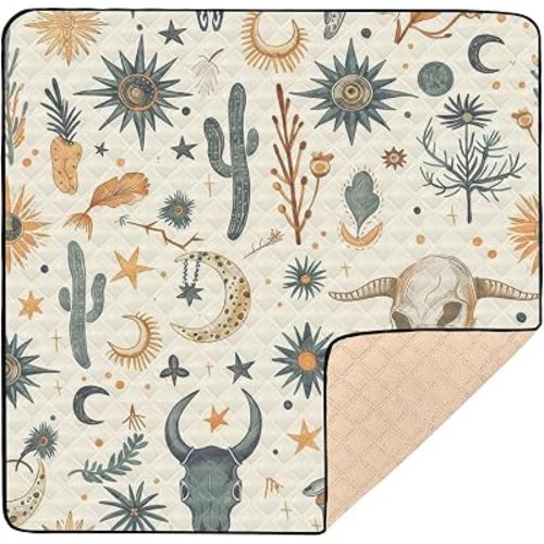 Baby Play Mat Cowboy Oxbone Cactus White 50 x 50 Playpen Mats for Floor Play Gym Crawling Mat Non-Slip Cushioned Baby Playmat for Infants, Babies, Toddlers