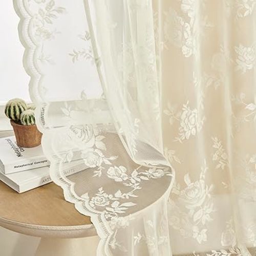 Lace Curtains 84 Inches Long 2 Panels Victorian Floral Sheer Curtains for Living Room Bedroom Rod Pocket Light Filtering Drapes Cream Vintage Window Curtains Decor, 52x84 Ivory
