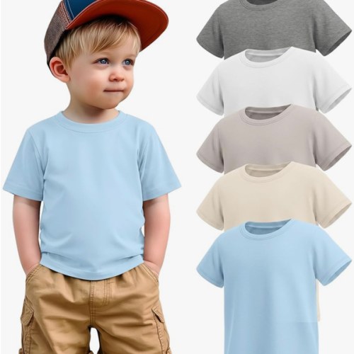 5 Pack Toddler Boys' Short Sleeve Shirts Little Kids Solid T-Shirts Summer Crew Neck Loose Fit Top Basic Tee 18M-5T