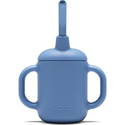 Lalo Little Cup, Non-Toxic Silicone Straw Cup with Handles - Baby and Toddler Sippy Cup - Mini Cup and Straw Training System, 4oz, Blueberry