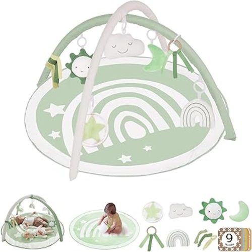 Baby Play Gym Mat, Tummy Time Activity Mat with 7 Detachable Toys and 12 Milestone Cards for Stage-Based Sensory and Motor Skill Development, Washable Play Mats, Newborn Baby Essentials, Green