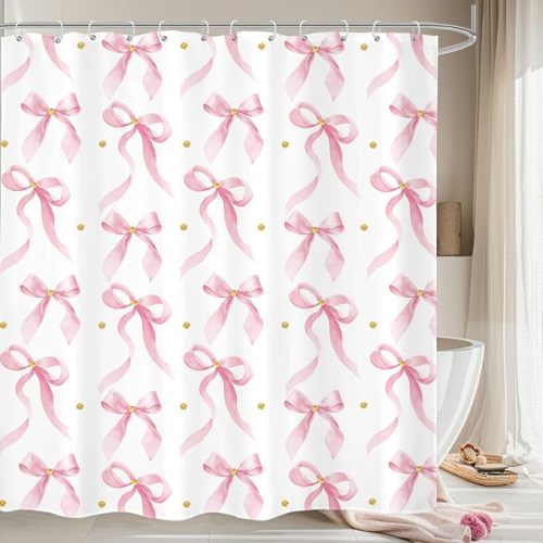 Pink Bow Shower Curtain 72x72 Cute Coquette Girly Bathroom Decor