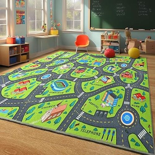 Merelax 5x8 Kids Car Area Rug, Green Grey Area Rugs for Living Room Playroom Classroom Bedroom, Non Slip Kids Play mat, Washable Rug, Educational City Traffic Road Map Fun Car Carpet for Ages 3-12
