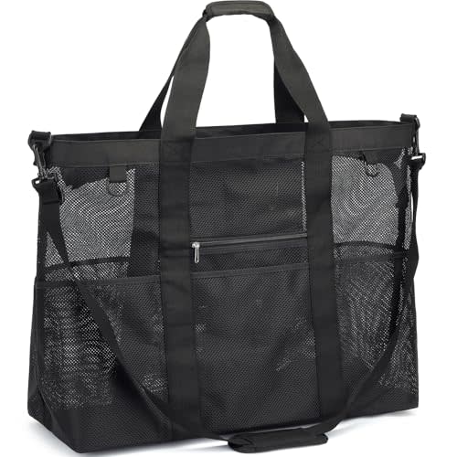 Fammart Mesh Beach Bag, Large Beach Tote Bags with Zipper, Toys Pool Bag for Family Travel Vacation Cruise Essentials