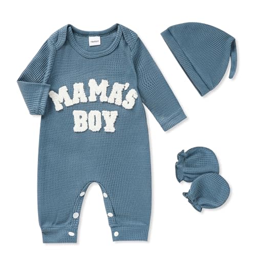 GRNSHTS Newborn Baby Boy Romper Coming Home Outfits Letter Print Bodysuit Jumpsuit+Hat+Gloves 3PCS Clothes Set