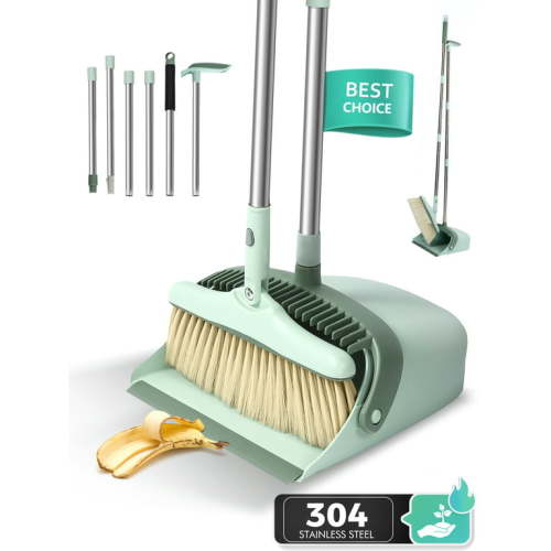 FVSA Broom and Dustpan Set, 2023 Indoor or Outdoor Broom and Dust Pan Combo, 53.15" Dust Pan for Adults(Cyan)