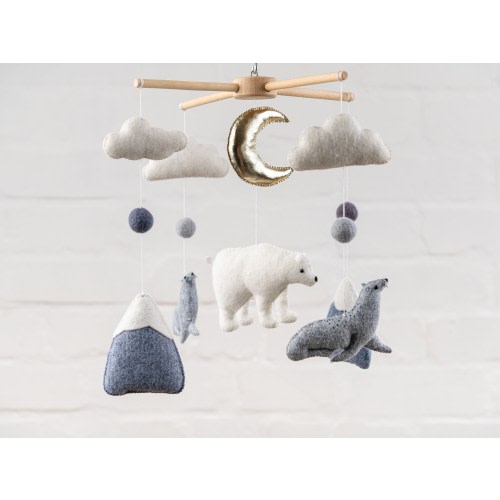 Polar bear baby mobile, crib mobile, nursery mobile, animal baby mobile, mountain mobile, neutral baby mobile, bear mobile, felt mobile