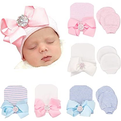 BQUBO Newborn Baby Caps Mittens for Baby Girls Baby Hats Scratch Mitten Gloves Set Soft Hospital Hat Infant Hats with Bow