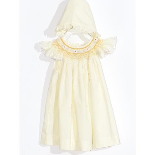 Light Yellow Smocked Angel Wing Sleeve Dress with Beautiful Bonnet