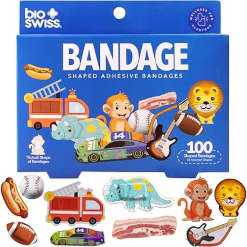 BioSwiss Bandages, Assorted Animal, Fun and Food Shaped Self Adhesive Bandage, Latex Free, Sterile Wound Care, 100 Count
