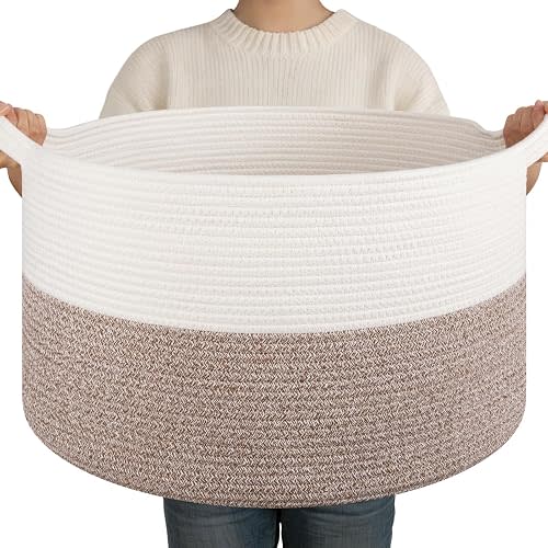 OIAHOMY Large Blanket Basket for Living Room, 19.7" x 12.6" Woven Cotton Rope Laundry Basket for Organizing Pillows, Decorative Stuffed Animal Toy Storage for Nursery, White and Linen Brown