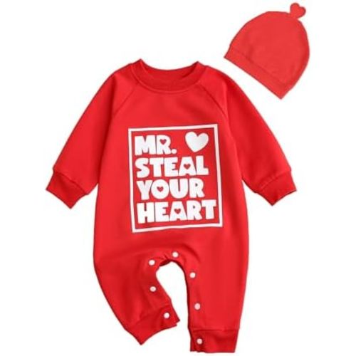 Newborn Baby Boy Valentines Outfits Steal Heart Print Jumpsuit Romper Hearts Hat Infant Boys Valentine Clothes
