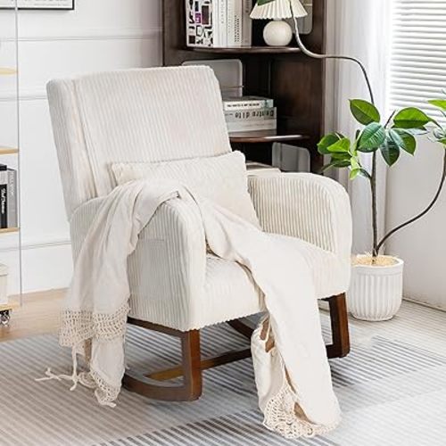 COCO DESIGN Corduroy Upholstered Rocking Chair for Nursery - Plush Padded Seat & Back, Sturdy Wood Rockers for Living Room, Nursery, Bedroom Relaxation (Beige)