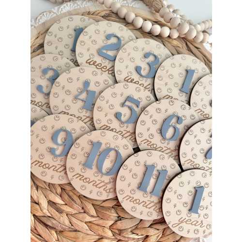 Boy Monthly Milestone Discs for Baby Photos | Gender Neutral Engraved Wood Monthly Milestone Markers | Personalized Baby Sign
