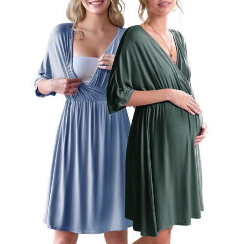 Weardear 2 Pack Maternity Nursing Dresses 3 in 1 Hospital Gowns for Women Labor Delivery V Neck Postpartum Breastfeeding Sleepwear