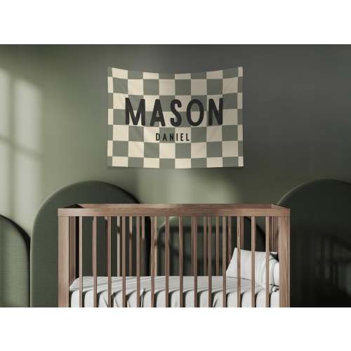 Checkered Name Sign Nursery Kids Room Name Flag Custom Boy Nursery decor Name Banner Wall Decor Baby Brother Room Decor Gift Idea for Boys
