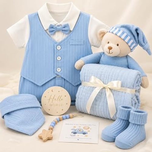 Newborn Baby Boy Gift Basket | Luxury Set with Gentleman Outfit, Muslin Swaddle Blanket | Perfect for First Photos, Welcome Baby Essentials