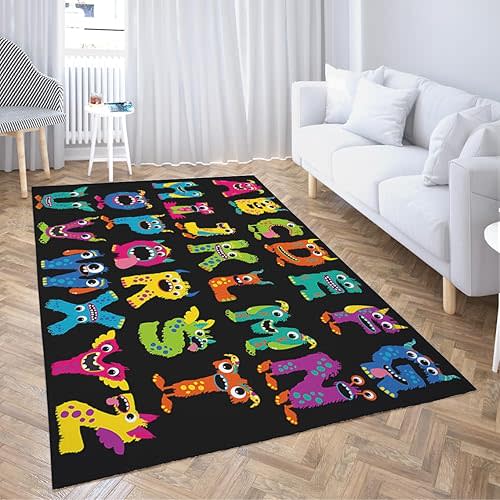 LOKMU Non-Slip Area Rugs Cartoon Fluffy Monsters Alphabet on Black Home Decor Rugs Carpet for Classroom Living Room Bedroom Dining Kindergarten Room 5'x7'