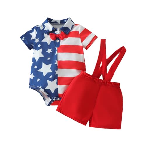 PUHHAPIEY Baby Boy Gentleman Wedding Outfit Dress Romper Suspender Pants | 0 3 6 9 12 18 Month Boy, Short Sleeve Button Bowtie Romper+Suspender Overalls Pant, Baby Boy Formal Dress Outfit for Wedding
