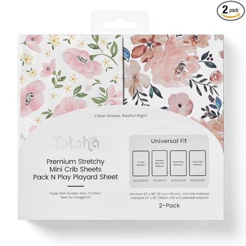 Graco Pack and Play Sheets Fitted, TotAha Buttery Soft Mini Crib Sheets Girl, Floral Pack N Play Mattress Sheets Hypoallergenic, Premium Jersey Playrad Sheets, Meredith Allover & Pale Pink, 2 Pack